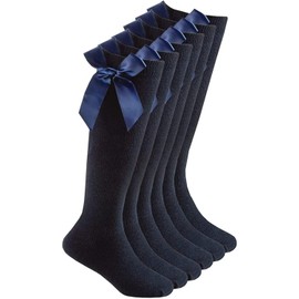COSHAL® 3 Pairs Girls Knee High School Cotton Socks with Fluffy Ribbons Bow Back to School Socks Uniform Party Comfort Fit Socks Stocking Girls Knee High Kids School Socks Size (4-6) Navy