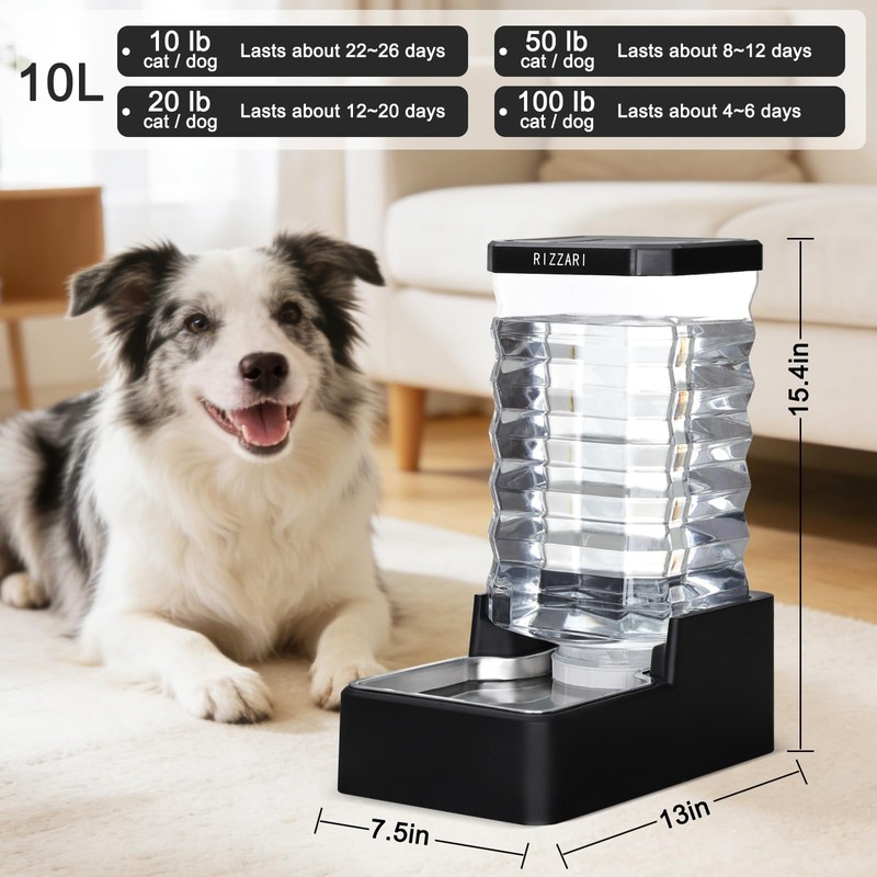 RIZZARI 10L Gravity Dog Water Bowl Dispenser: Wide Mouth Filter-Free