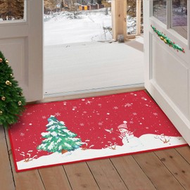 CAROMIO Washable Doormat Christmas Theme Welcome Door Mat with Printed Xmas Tree and Snowman Doormat Outdoor Front Door Mat Anti Slip Entrance Door Mat Rubber Back 20x32 Inches (50 x 80 cm)