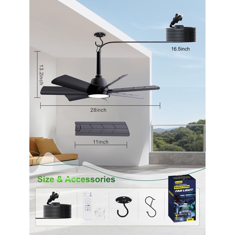 LANMEL 28 Inch Plug-In Outdoor Ceiling Fan with Light and
