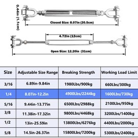 hannger 4 Pack Turnbuckle 1/4 M6 304 Stainless Steel Turnbuckle, 1600 lbs Working Load Limit, Jaw and Jaw Turnbuckles for Cables Wire Tensioner, Turnbuckle for Shade Sail, Clotheslines, String Lights