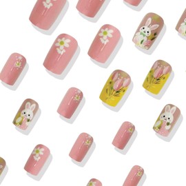 MIXFOSAHN Easter Press on Nails Medium Square Fake Nails Pink Yellow False Nails with Nude Designs Rabbit Flowers Glossy Stick on Nails Glue on Nails Easter Nails Acrylic Nails for Women Girls 24 Pcs