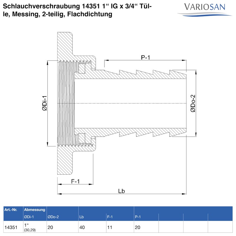 VARIOSAN Hose screw connection 14351, 1 inch female x 3/4