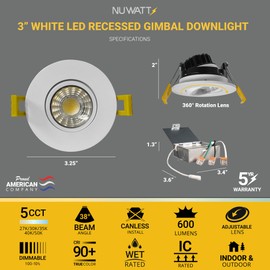 NUWATT White 3 Inch Adjustable LED Ceiling Lights, Gimbal Recessed Lighting, Dimmable Canless Downlight 5CCT 2700K/3000K/3500K/4000K/5000K Selectable, 8W 600 Lumens, IC Rated, Wet Rated, 120V, 4 Pack