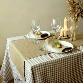 Linen & Cotton Gingham Tablecloth Estella - 100% Linen, White Beige (139 x 300 cm) Long Rustic Country Style Checked Table Linen Cloth Cover for Home Cottage Restaurant Hotel Summer Spring Easter