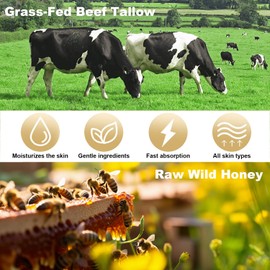 Beef Tallow and Honey Balm, Grass Fed Grass Finished Face Cream for Skin Care, Tallow Face Moisturizer Body Lotion for Skin Hydration, Whipped Tallow Balm, Beef Tallow for Skin Care, 2oz, Unscented