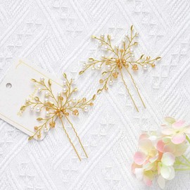 Ushiny Pearl Bride Wedding Hair Pins Gold Hairpiece Leaf Hair Clips Pearls Bridal Hair Accessories for Women and Girls (Pack of 2)