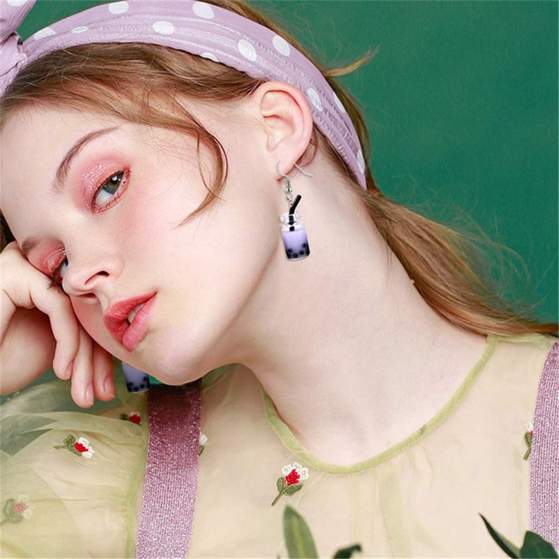 6 Pairs Cute Pearl Milk Tea Dangle Earrings Tea Drop