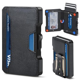 Cartera delgada para hombre – Cartera minimalista para hombre con clip para dinero, estuche de aluminio para tarjetas y ranuras de cuero, cartera con bloqueo RFID para hombres con caja de regalo