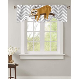 Victoroes Tie Up Valances for Windows, Sloth on Branch Geometric Stripes Adjustable Rod Pocket Short Curtain Windows Treatment Curtains for Kitchen Living Room, 42 x 18Inch, 1 Panel