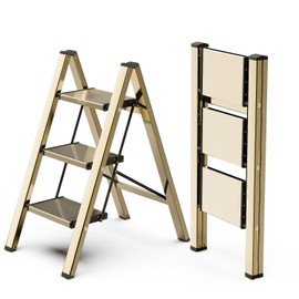WOA WOA Step Ladder, 3 Step Foldable Step Stool with Widen Pedals, Portable Home Ladder for Kitchen, Lightweight Aluminum Stepladder, Compact Ladder for Space Saving (300lbs, Gold)