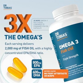 Dr. Tobias Aceite De Pescado Omega 3, 2000 Mg De Triple Potencia Con 800 Mg De Epa Y 600 Mg De Dha Por Ración, Suplementos De Aceite De Pescado Omega 3 Para Reforzar El Corazón, El Cerebro Y El Sistem