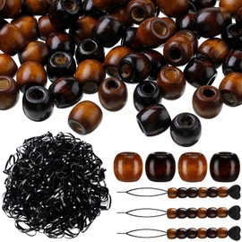 663 Pieces Wooden Hair Beads Set Including 160 Barrel Wood Beads European Wood Loose Beads, 500 Black Elastic Hair Bands with 3 Quick Beader (Light Brown, Brown,0.63 x 0.63 x 0.32 Inch)