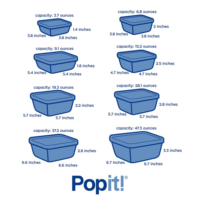 Popit! 8 Clear Food Storage Containers Set, Microwave and Freezer