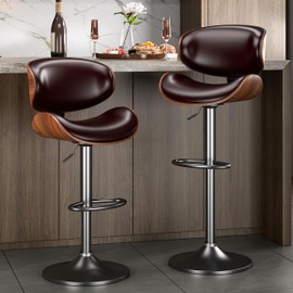 YaFiti Bar Stools Set of 2, Bar Stools for Kitchen Island with Bentwood Back and Leather Seat, Swivel Bar Stools for Kitchen Counter, Bar, Brown