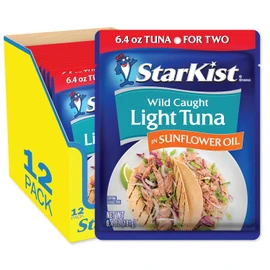 StarKist Chunk Light Tuna in Sunflower Oil, 6.4 oz Pouch (12 Pack) Ready to Eat Wild Caught Tuna, 19g Protein Per Serving, 160 Calories Per Serving, Gluten Free, Soy Free, Kosher, Perfect for Salads, Keto Meals and Snacks