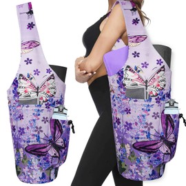 Yoga Mat Bag - Large Opening Long Tote Yoga Mat Carrier Holder Bag with Waterproof Wet Zipper Pocket and Drawstring Water Bottle Pocket - Yoga Bag Fit Most Size Mats - Butterfly