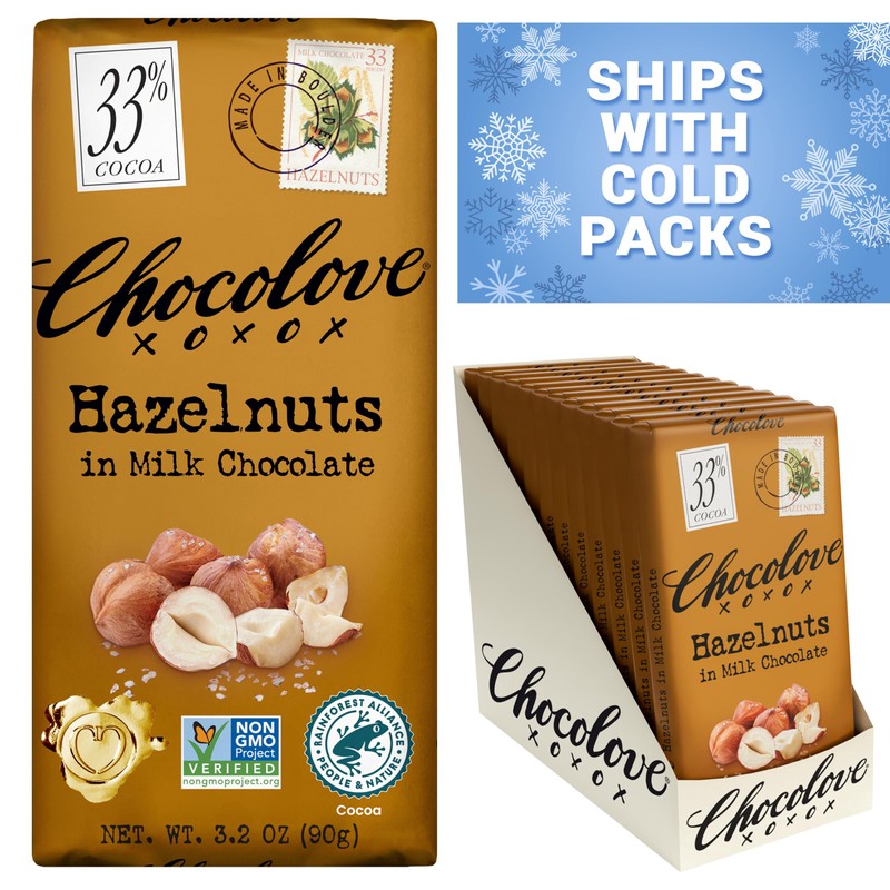 Chocolove Hazelnut Milk Chocolate Bars | 33% Cocoa | Roasted
