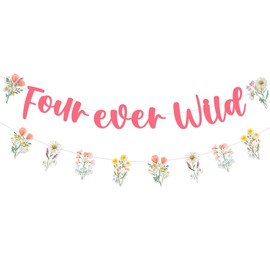 Fangleland Wildflower Birthday Banner Garland, Four Ever Wild Floral Theme 4th Bday Party Decor Supplies for Girls