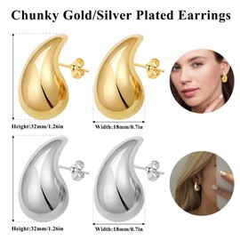 Chunky Gold Hoop Earrings Lightweight Teardrop Earrings for women Hypoallergenic Gold Plated Earrings for Women Chunky Earrings Gold Tear Drop Earrings Fashion Jewelry for Women Girls (Gold+Silvery)