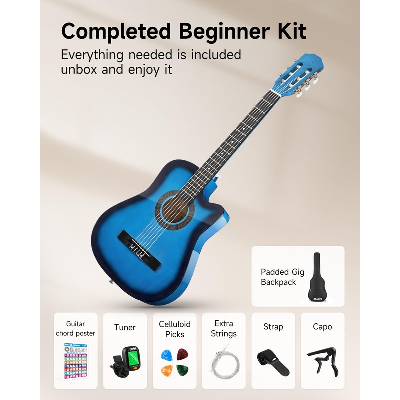 Moukey 38" Acoustic Guitar for Beginners Kids Youth Adult Cutaway