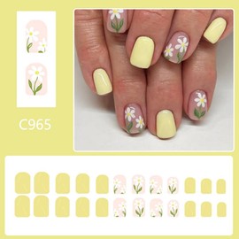 Yellow Press on Nails Short Square False Nails with Sunflower Design Daisy Fake Nails Cute Floral Glue on Nails Glossy Summer Stick on Nails Reusable Yellow Nails for Women Girls Manicure 24Pcs