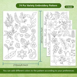 BENECREAT 4 Sheets 74Pcs Plant Water Soluble Embroidery Patterns, 11.7x8.3Inch Flowers Grasses Stick and Stitch Embroidery Paper Stabilizer for Hand Sewing Lover Beginners