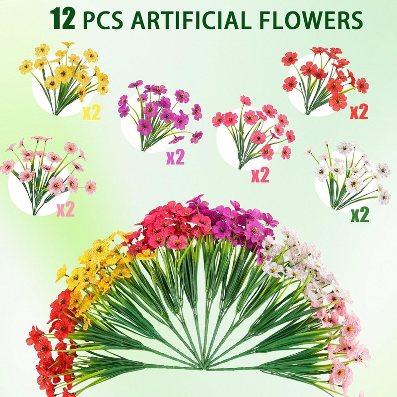 Artificial Flowers Outdoor UV Resistant Fake Silk Flowers, 12 Bundles