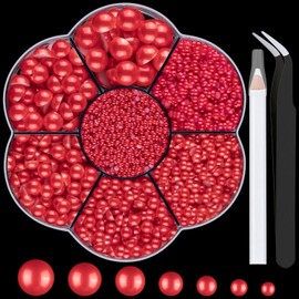 Nail Art Flat Back Half Round Pearl Kits 10, 1 Box of 5600 Pcs Flat-Back Red Pearl with Tweezer and Picker Pencil for Home DIY Nails Body Face Craft and Salon Use