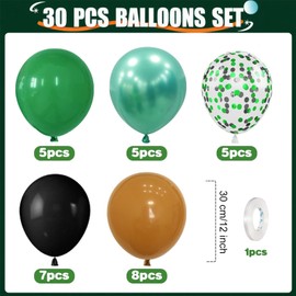 KOBOKO Pack of 30 Gaming Decorative Balloons Green Black Brown Video Game Birthday Decoration Brown Balloons Garland, Helium Balloons Green Brown, Black Green Confetti Balloons Gamer Miner Party