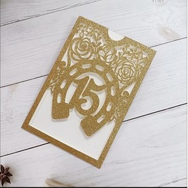 Cylallen 50Sets Glitter Gold Quinceanera Invitation Sweet Fifteen Party Invitation Glitter Horse DIY Laser Cut Western Wedding Cards Just Invitation Cards