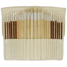 U.S. Art Supply 24-Piece Oil & Acrylic Artist Paint Brush Set with Long Handles, Canvas Brush Organizer Holder Roll-Up - Round, Flat Tips, Use for Painting Portraits, Canvas, Paper - Students, Adults