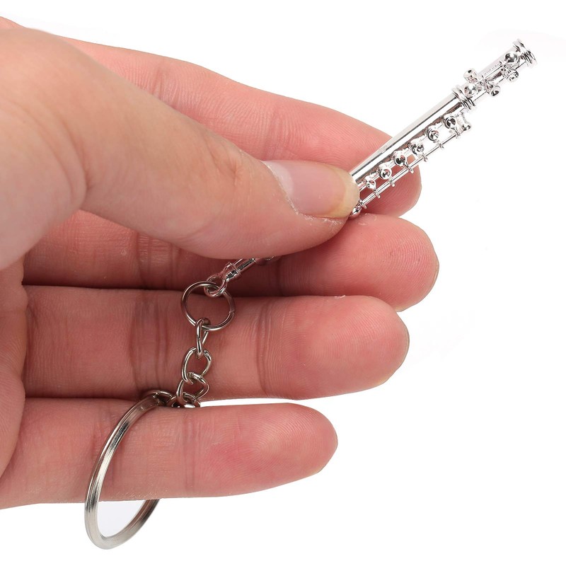Flute Design Keyring Musical Instrument Ornament Silver Colour for Wallet,
