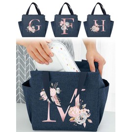 Floral & Letter Pattern Lunch Bag, Large Capacity Cooler Bag, Waterproof Student Lunch Handbag, Thermal Lunch Bag, Portable Insulated Camping Picnic Bag - Color: Navy Blue, Size: Letter-M