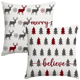 Artmag Christmas Pillow Covers 16x16 inch Set of 2, Farmhouse Xmas Trees Moose Believe Throw Pillow Covers Cushion Case Holiday Winter Decoration for Couch Sofa Red