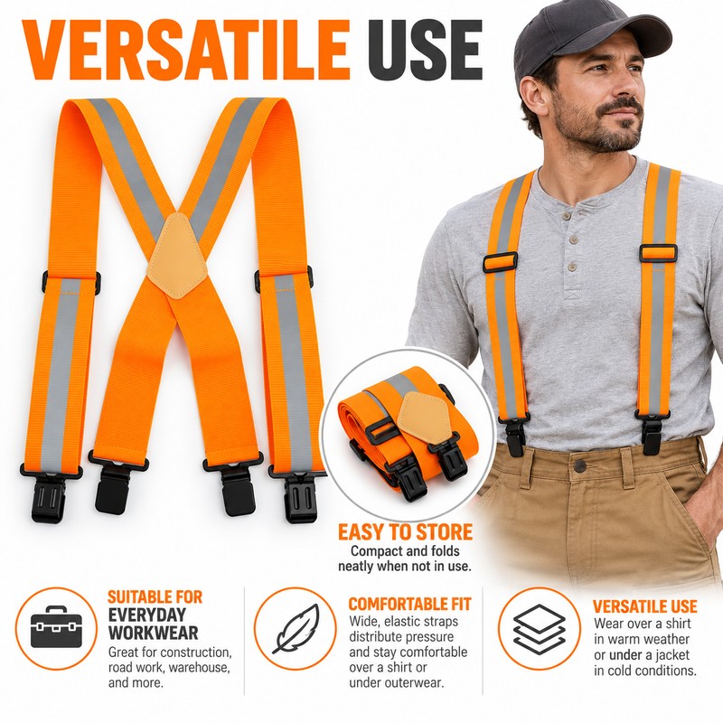 Men's Fluorescent Work Suspenders 5cm Wide Adjustable Elastic X-Back Braces