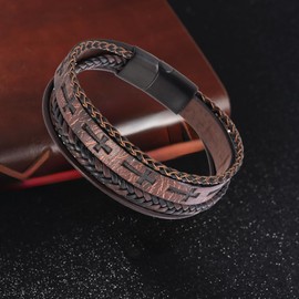 REchoLI Cross Bracelet for Man,Men's Brown Leather Cross Bracelet with Stainless Steel Buckle, Multi-Layer Woven Faith, Religious Wristband