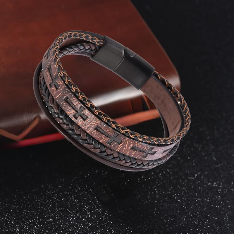 REchoLI Cross Bracelet for Man,Men's Brown Leather Cross Bracelet with
