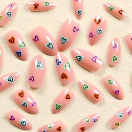 Valentine's Day Press on Nails Medium Nude Almond Fake Nails Colorful Heart False Nails Acrylic Nails Glossy Full Cover Glue on Nails Stick on Nails for Women and Girls