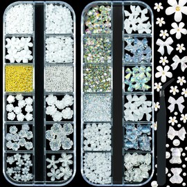 Nail Charms Flower Butterfly Bear Bow, 2400pcs 3D Nail Art Kit White/ Aurora Rose Nail Flower Art, Golden Silver Metal Caviar Beads Nail Pearls Rhinestones, Resin Flower Nail Charms for Nails Crafts