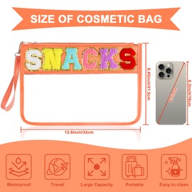 TESAFNG Snack Bag for Travel - Clear Chenille Varsity Letter Flat Pouch with Zipper, Waterproof Clear PVC&PU Preppy Patch Makeup Cosmetic tote Bags for Women Girls (Orange-Snacks)