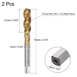 sourcing map 2pcs Spiral Flute Thread Taps, Metric M8 x 1.25 H2 Screw Threading Tap, Titanium Coated M2 High Speed Steel Machine Tapping Tools for Machinist Repair