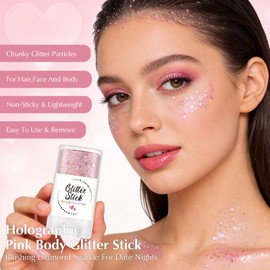 Rolling Body Glitter Stick, Chameleon Pink Sparkling Hair Face Glitter Makeup, Holographic Shimmer Chunky Sequins Face Paint Stick for Women Singer Concert Rave Festival Party