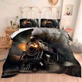Albideyaa Vintage Steam Train Pattern Comforter Bedding Set for Queen Size Bed Soft Microfiber 3D Old Style Train Print Kids Adult Bedroom Duvet Set Modern Quilt Set with 2Pillowcases