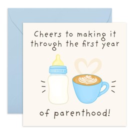 First Year of Parenthood Congratuations Card - "Cheers to Making It Through" - New Parents Greeting Card for Mum and Dad, Brother, Sister, Colleagues - Parenting Milestone Celebration