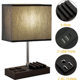 Briever USB Table Lamp, Multi-Functional Desk Lamp with 2 AC Outlets, Bedside Lamp with 3 USB Charging Ports and Wooden Phone Stands, Nightstand Lamp for Bedroom, Livingroom, Office, Black Shade
