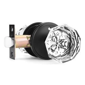 Orger 1 Pack Glass Door Knob with Flat Black Rosette, Bath/Bed Door Knob for Privacy Use, Keyless Interior Door Handle with Diamond Shape Crystal Glass and Zinc Alloy Base