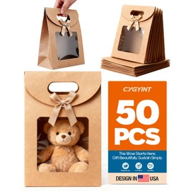 CYGYINT 50Pcs Brown Gift Bags with Clear Window 4.7''x2.4''x6.2'' Variety Stand Up Window Gift Bags with Handles for Candy, Cookies, Wedding Favors