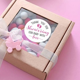 50 Pink Little Feet Baby Shower Stickers, Thank You for Showering Our Baby with Love Stickers, Baby Shower Favors for Girls, Baby Shower Favor Labels, 2 Inch.