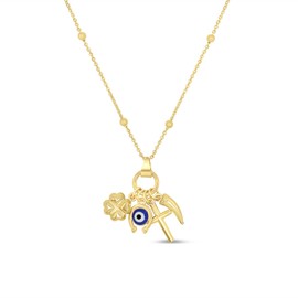 Fronay Collection 14k Gold Plated Lucky Charm Amulet Necklace, 17.5 Inches (Clover, Italian Horn, Cross, Evil Eye)